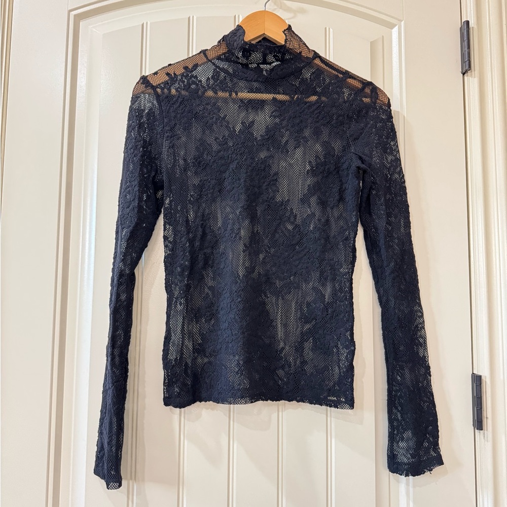 Express Black Sheer Lace Long Sleeve Mock Neck Top – Size Small
